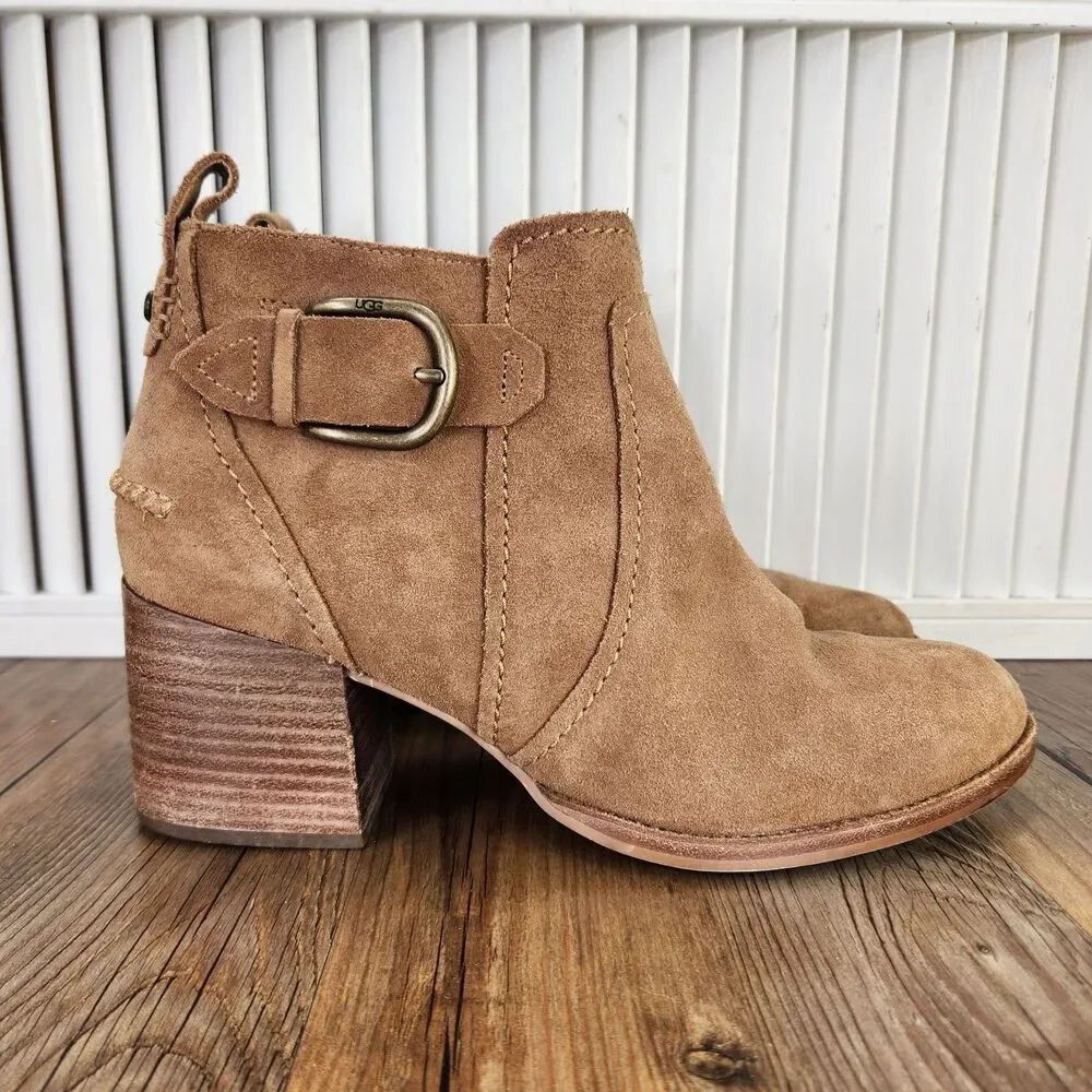 UGG Leahy Boho Ankle Booties Womens Sz 11 Brown Suede Heel Buckle Side Zip Boots